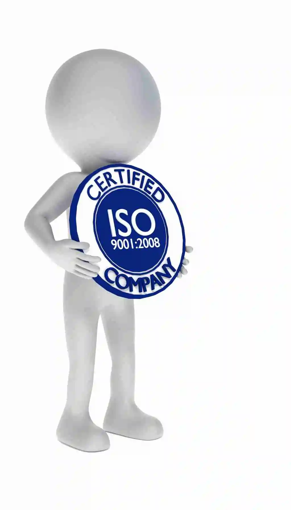 ISO 9001:2008 Certified Company Badge Illustration 3D cartoon figure holding a blue and white badge labeled “ISO 9001:2008 Certified Company.”