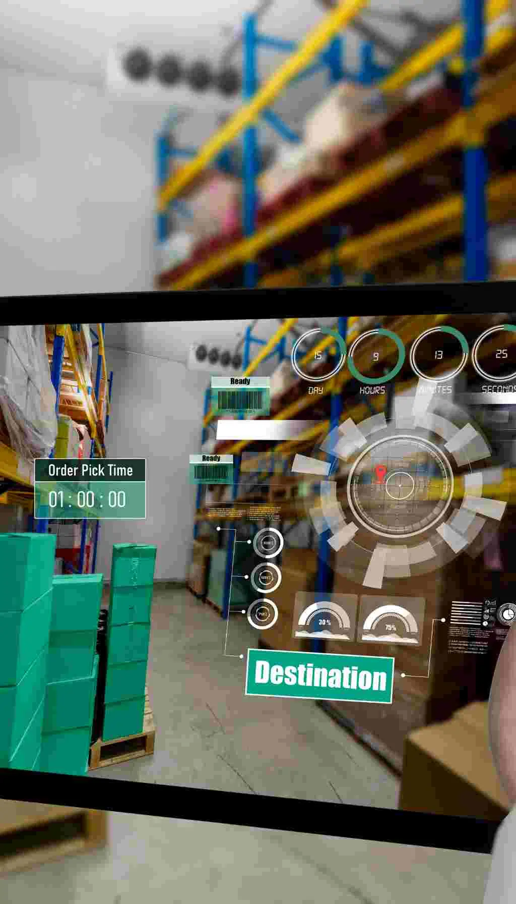 Augmented Reality Technology Used for Smart Warehouse Operations Augmented reality interface displaying inventory and order information over a warehouse scene with shelves and boxes.