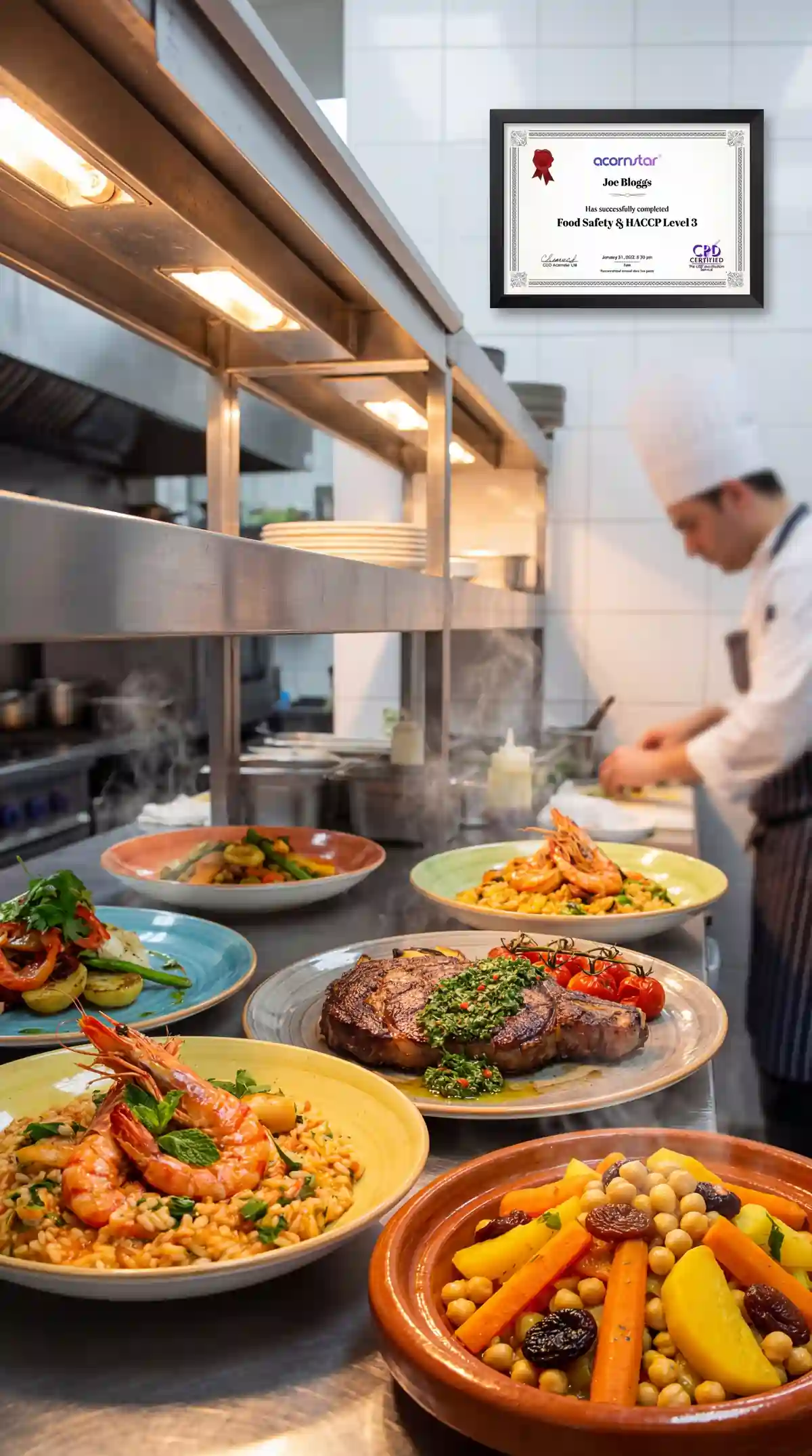 Professional chef preparing plated dishes in a commercial kitchen with a HACCP Level 3 certificate displayed on the wall