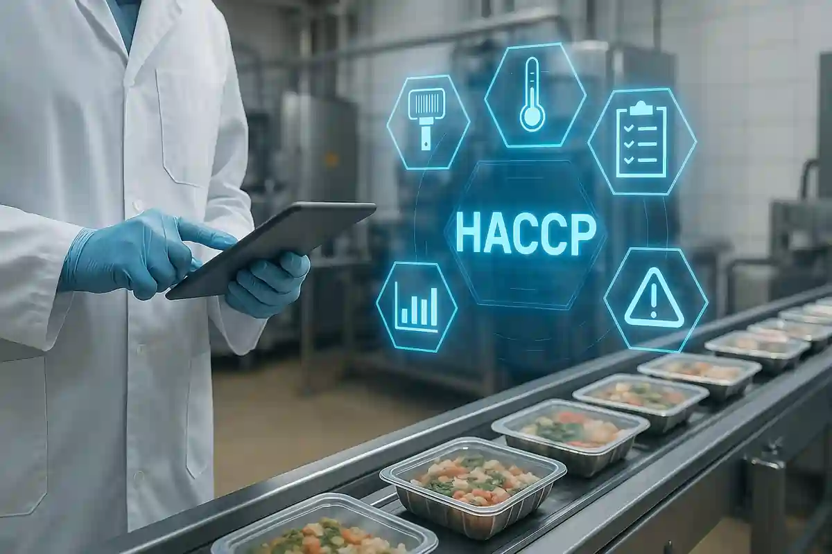 Food handlers preparing raw meat under HACCP food safety controls in a commercial kitchen