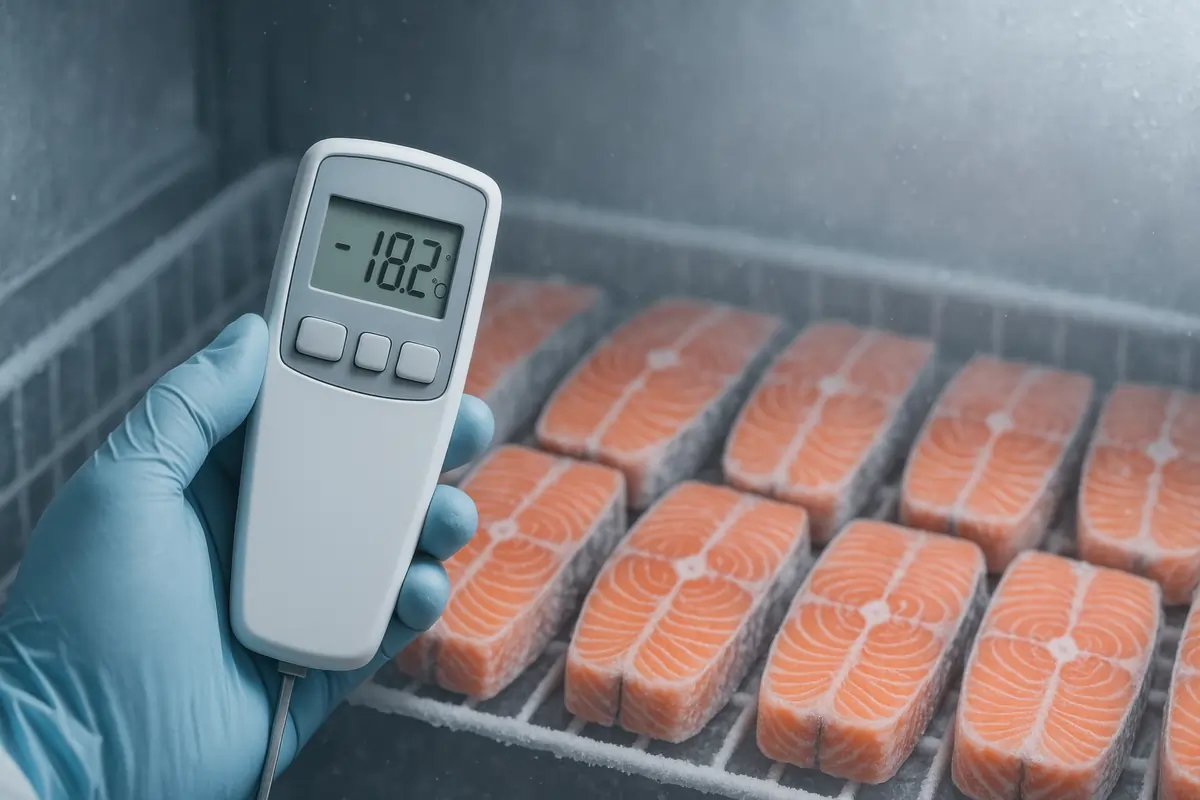 Food handler wearing blue gloves placing trays of raw meat on a refrigerator shelf, illustrating correct raw meat storage to prevent cross-contamination.