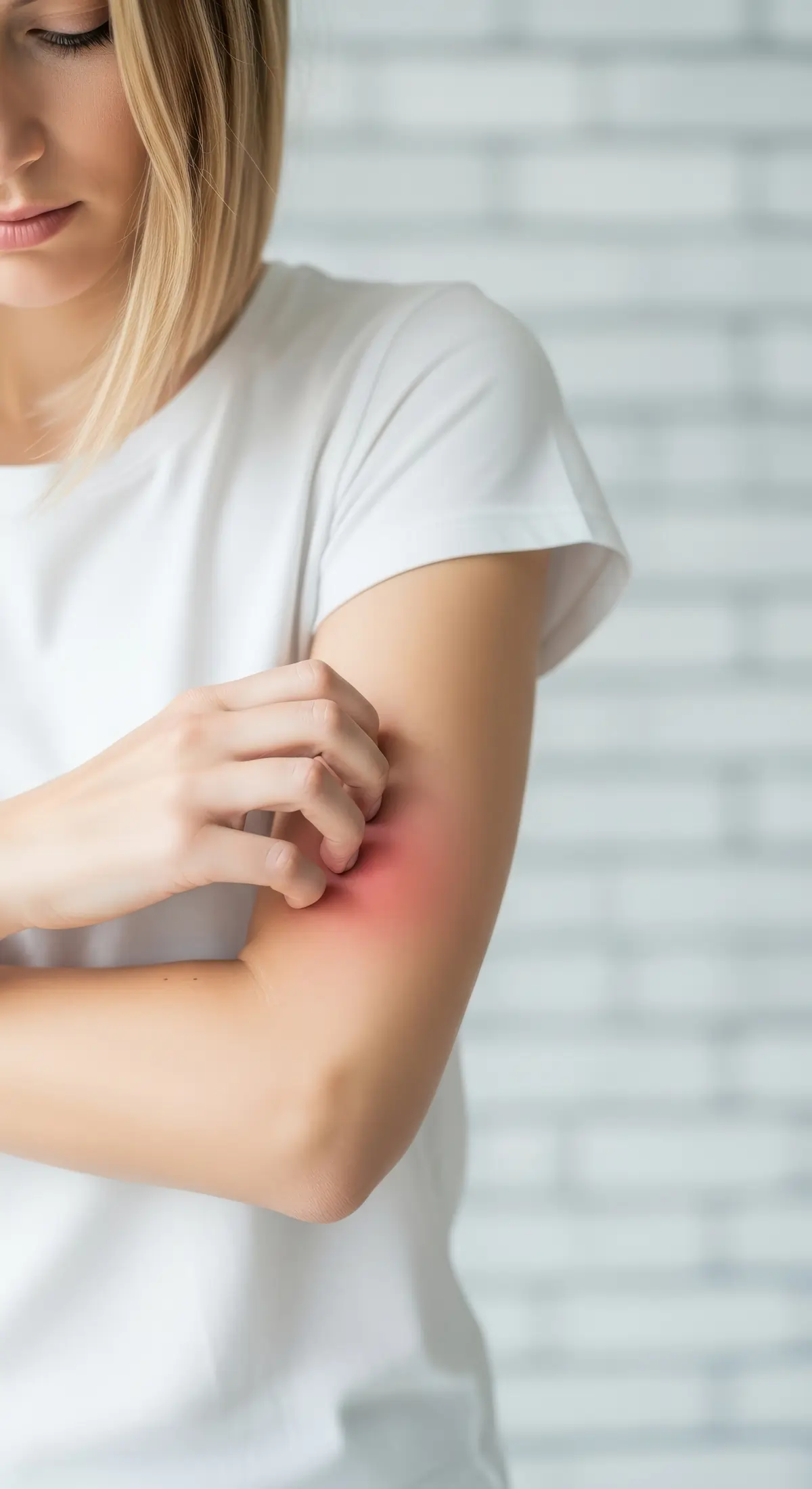 Person scratching a red, irritated area on their arm, illustrating a skin condition that may require exclusion from food handling duties.