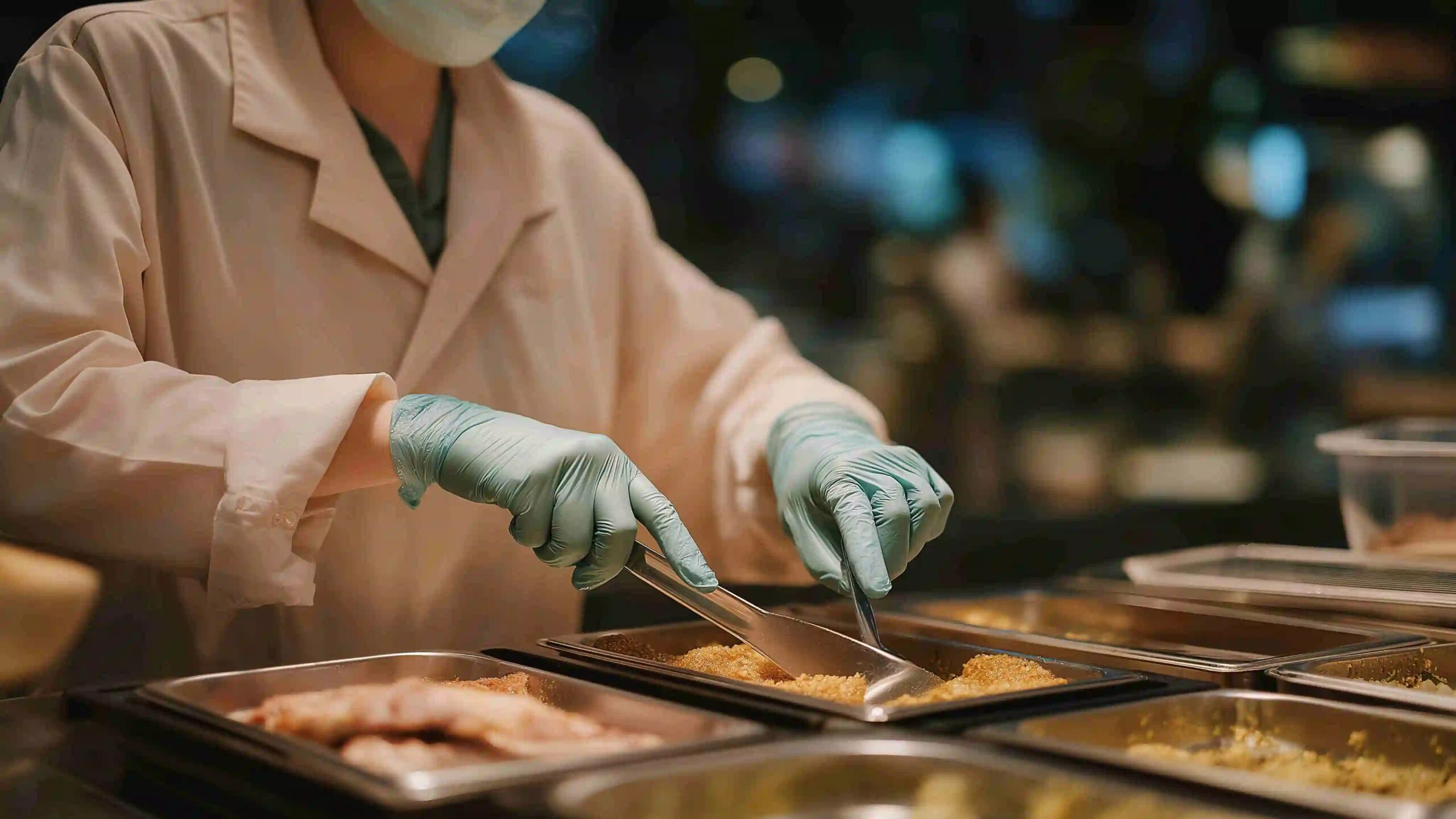 Food handler wearing gloves and protective clothing portioning ingredients in a professional food preparation area