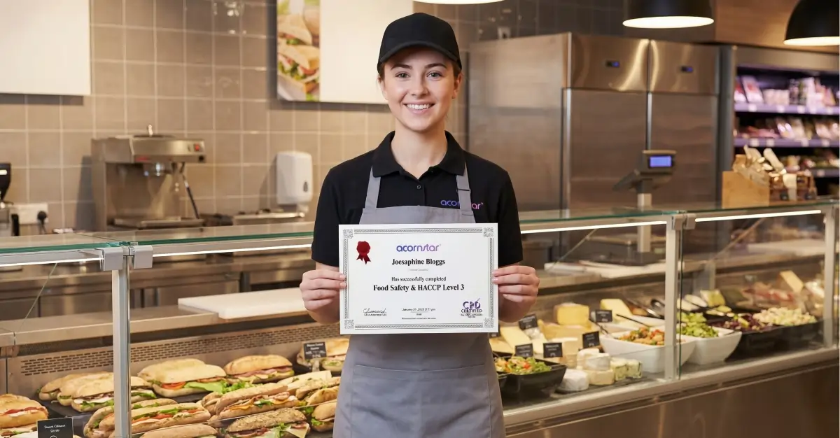 Food business staff member holding a Food Safety and HACCP Level 3 certificate in a commercial food premises