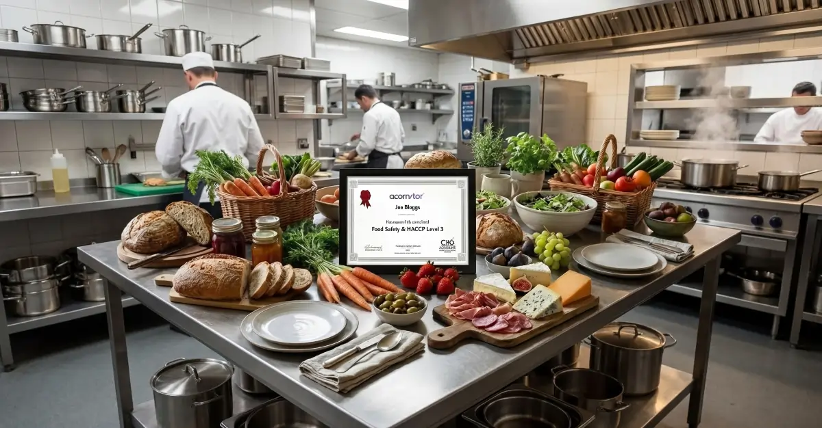 Commercial kitchen with fresh ingredients and a displayed HACCP Level 3 food safety certificate on a preparation table.