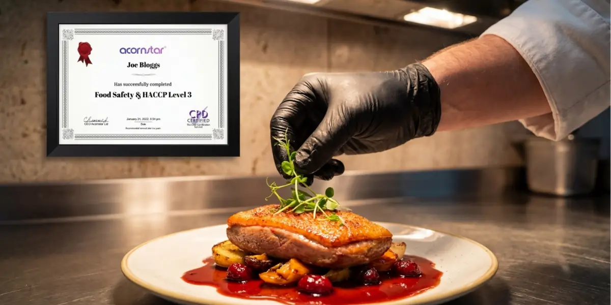 Chef wearing black gloves plating a restaurant dish with a Food Safety and HACCP Level 3 certificate displayed in the background.