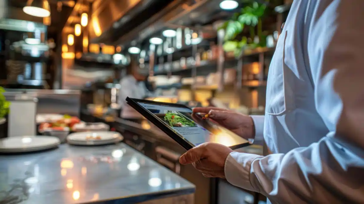 Kitchen manager using a digital tablet to monitor HACCP records and food safety controls in a commercial kitchen