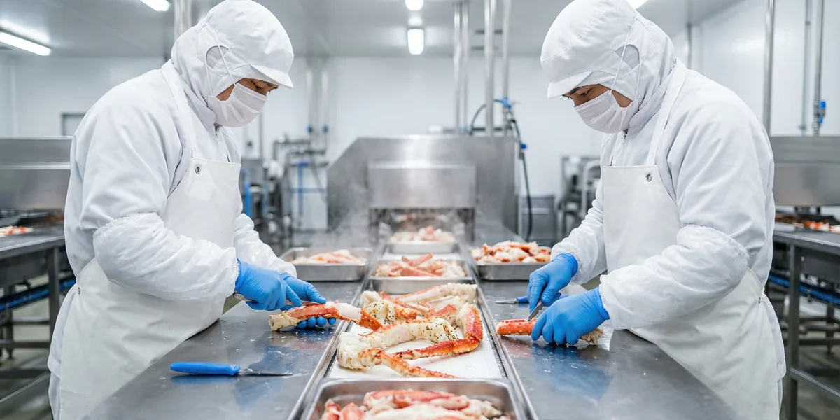 Food processing workers in full protective clothing handling shellfish on a stainless steel production line in a hygienic facility.