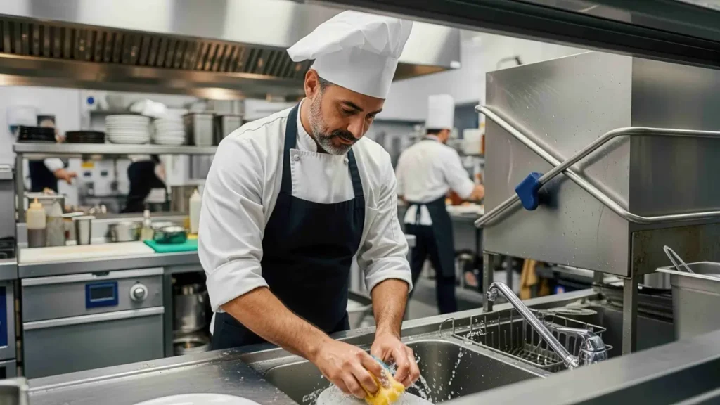Chef washing hands at a designated handwash sink as part of HACCP personal hygiene procedures