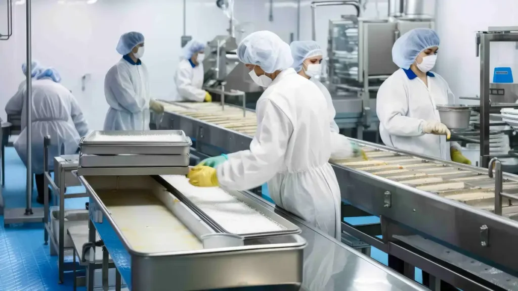 Food production staff wearing protective clothing working on a hygienic processing line under HACCP controls