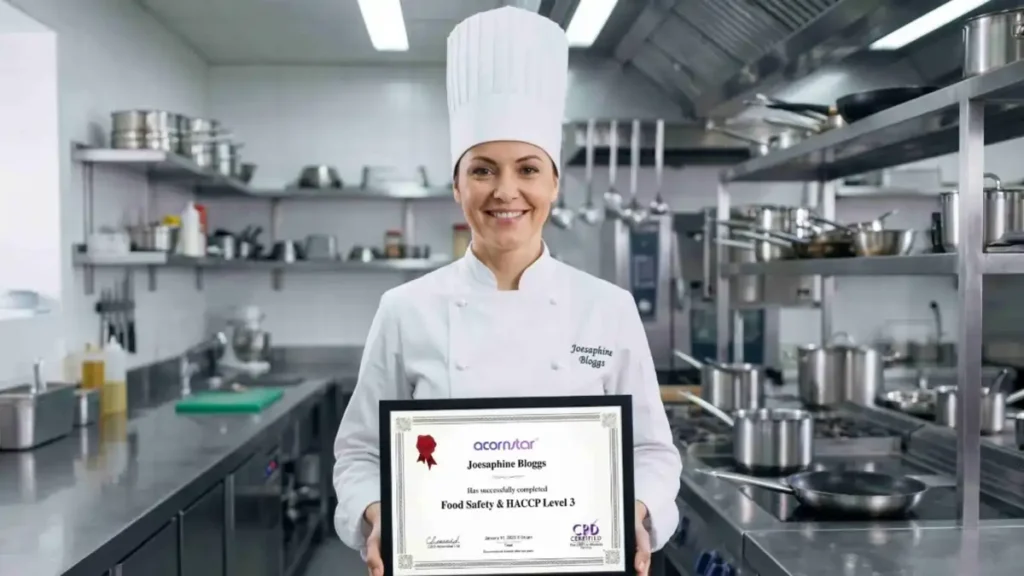 Professional chef holding a Food Safety and HACCP Level 3 certificate in a commercial kitchen