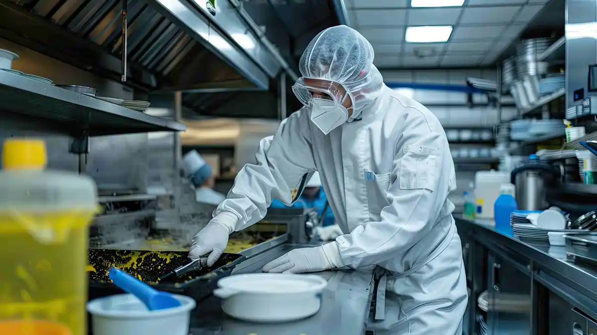 Food handler wearing full protective clothing preparing food in a commercial kitchen