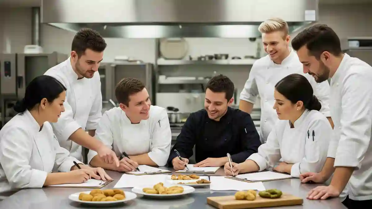 Group of chefs reviewing food safety procedures and HACCP documentation together in a commercial kitchen