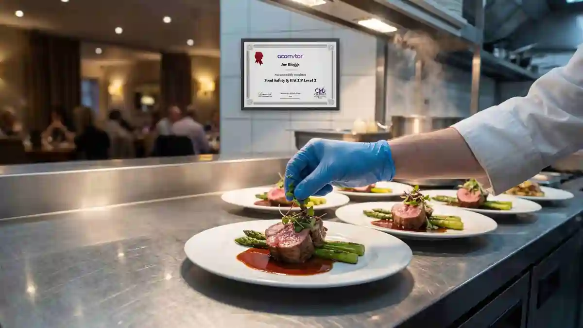 Chef wearing blue gloves plating cooked meat and vegetables on dishes in a commercial kitchen with HACCP certificate visible on the wall