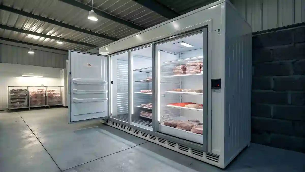 Commercial walk-in freezer with glass doors storing packaged raw meat at controlled frozen temperatures
