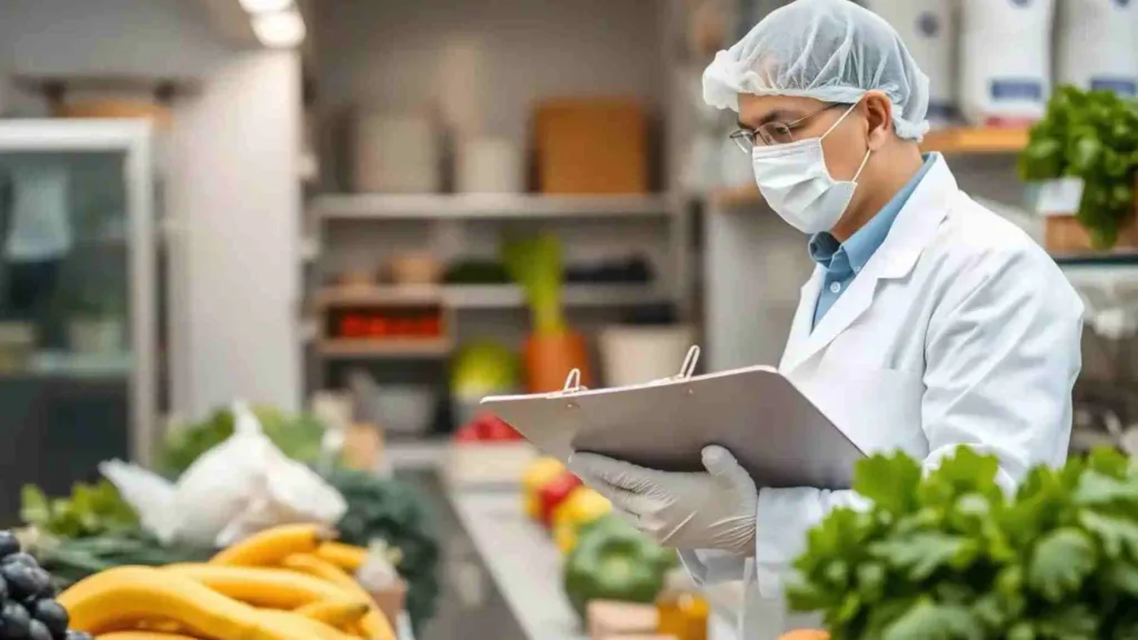 Catering staff member plating meals under supervision while a food safety manager reviews procedures in a commercial kitchen