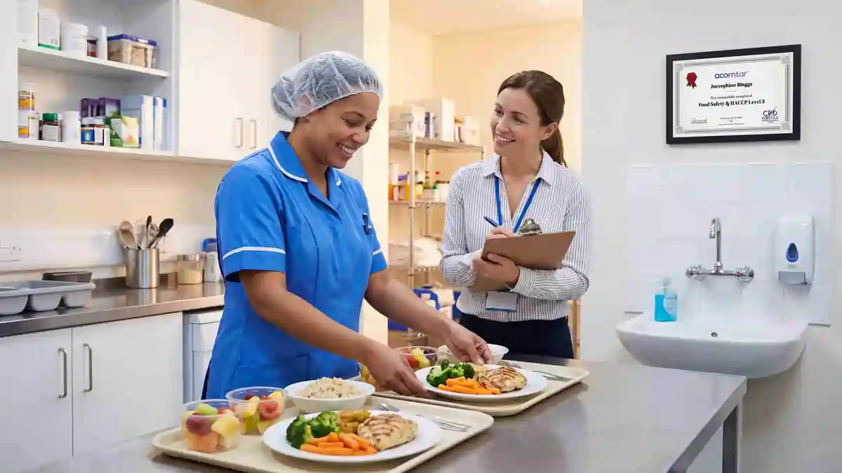 Catering staff member plating meals under supervision while a food safety manager reviews procedures in a commercial kitchen