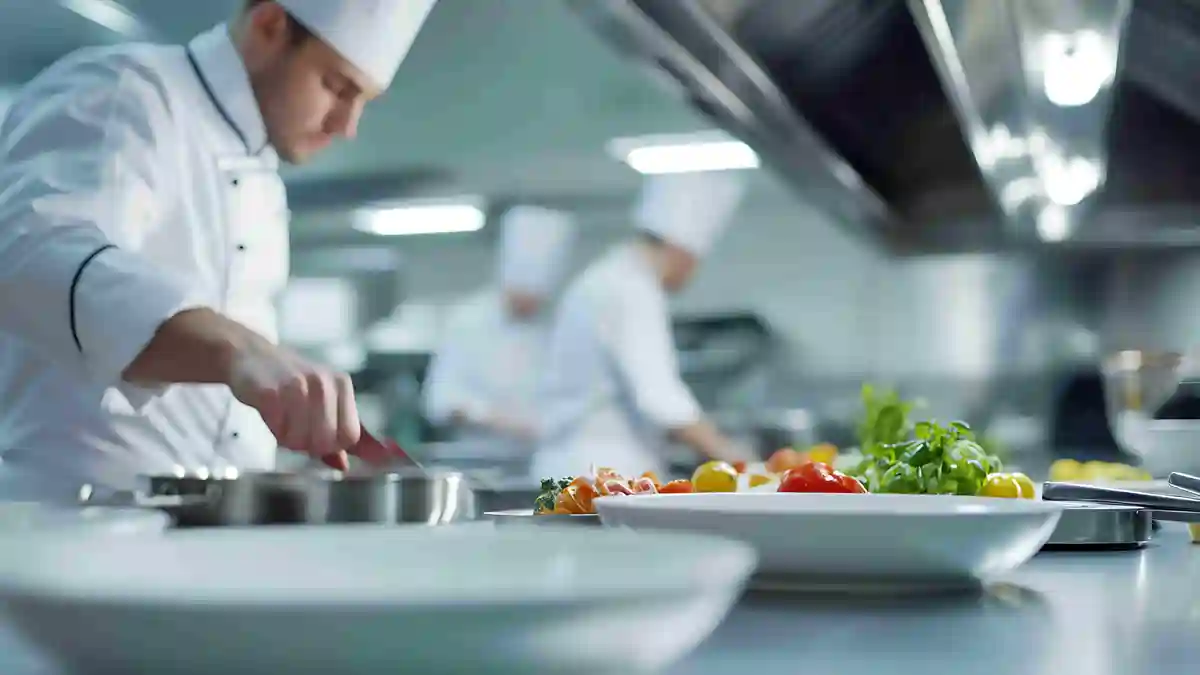 Chef preparing food at a stainless steel workstation in a commercial kitchen with other chefs working in the background