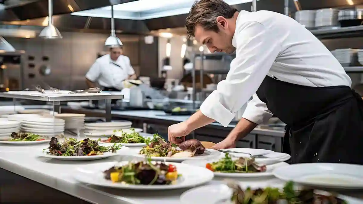 Chef plating prepared dishes in a professional commercial kitchen during service