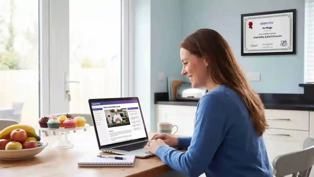Food business operator completing an online Food Safety and HACCP training course on a laptop at home