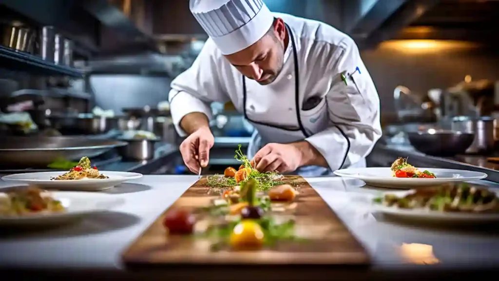 Chef carefully plating a dish with fresh ingredients on a wooden board in a professional commercial kitchen