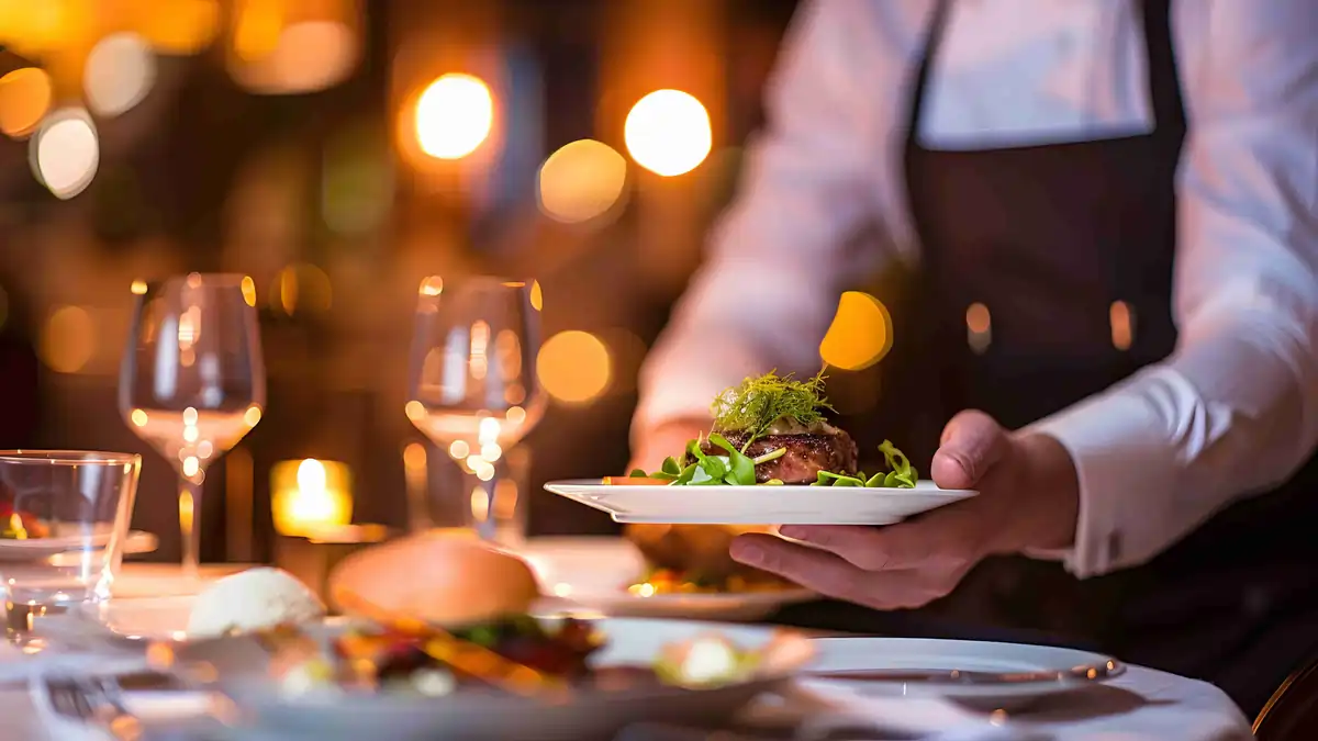 Restaurant Service: Delivering a Finished Dish to the Table Waiter serving a plated main course at a restaurant table during evening service