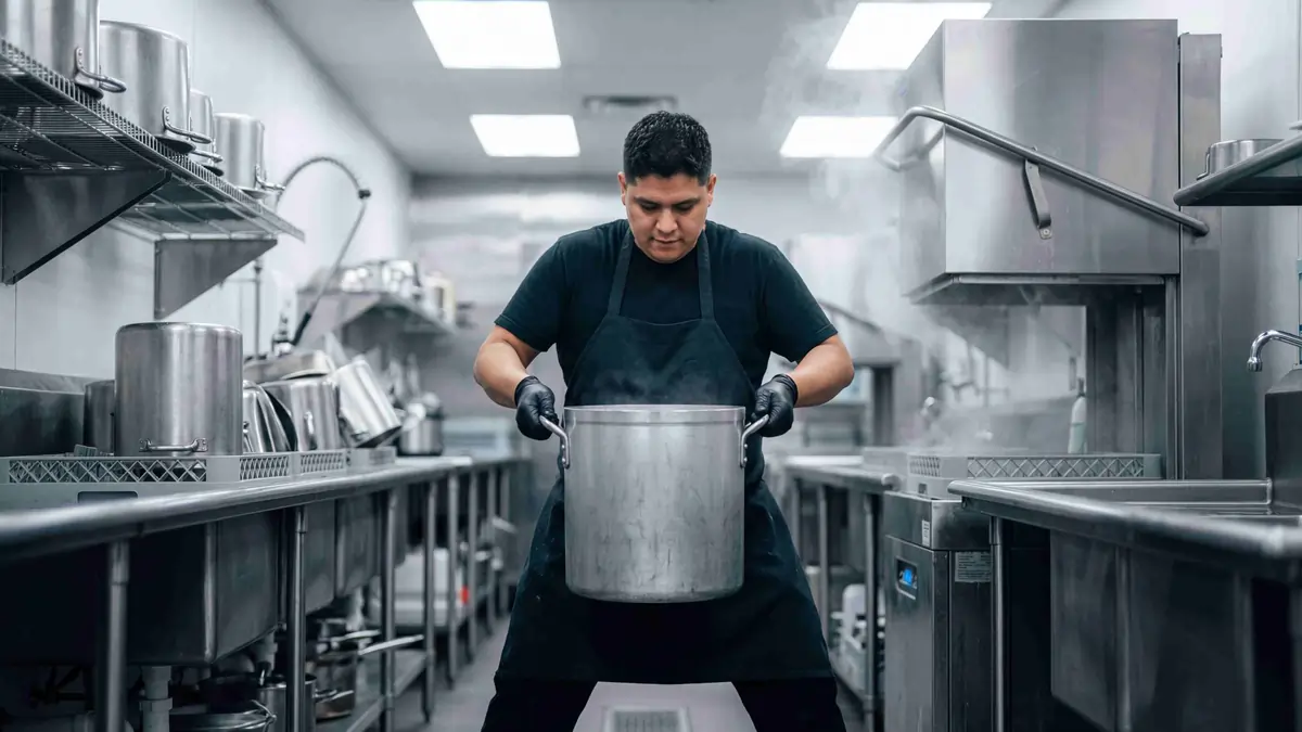 Incorrect Manual Handling of Hot Stock Pot in a Commercial Kitchen Kitchen worker lifting a large hot stock pot incorrectly in a commercial stainless steel kitchen