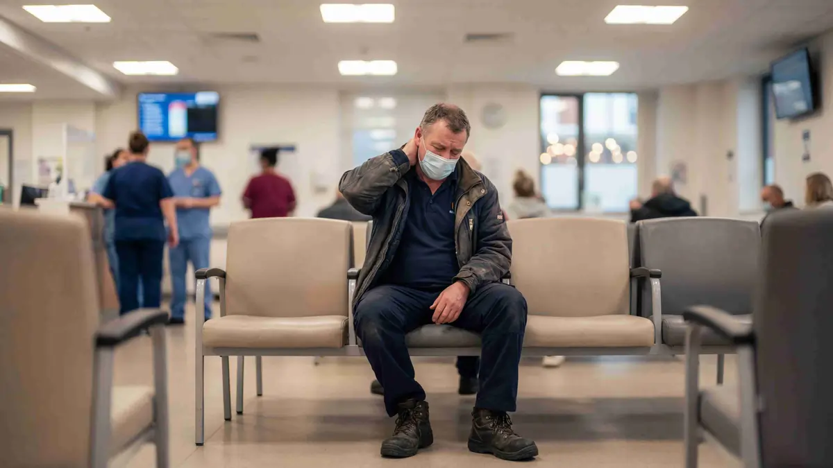 Worker Experiencing Neck Pain While Waiting for Medical Assessment Middle-aged worker wearing a face mask holding his neck while seated in a hospital waiting area