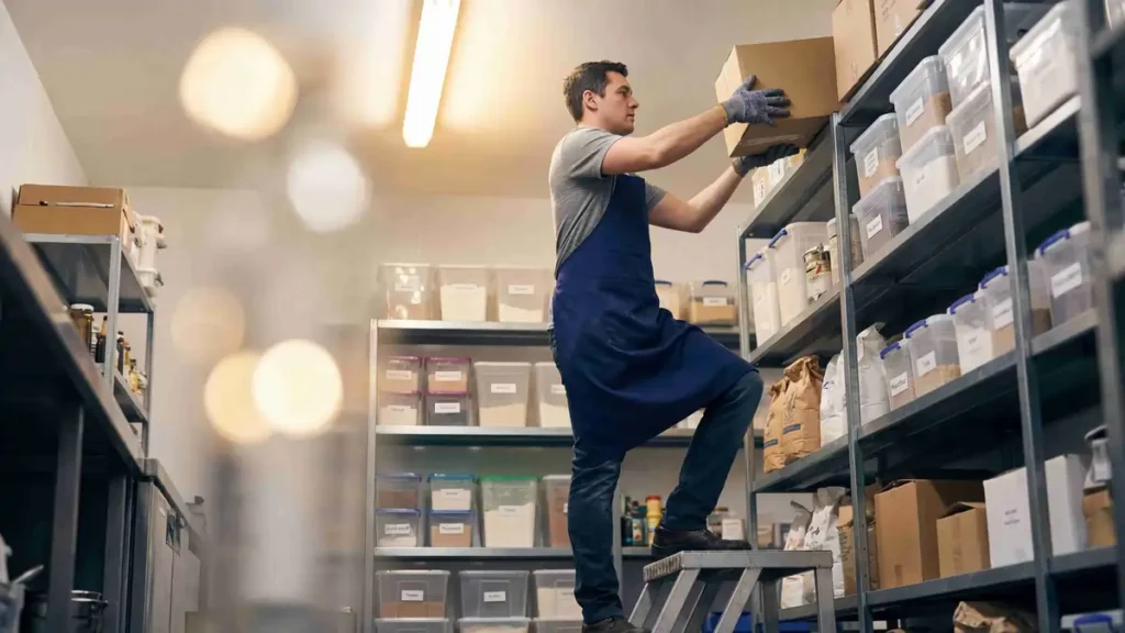 Worker standing on a step stool lifting a heavy box onto a high storage shelf in a storeroom