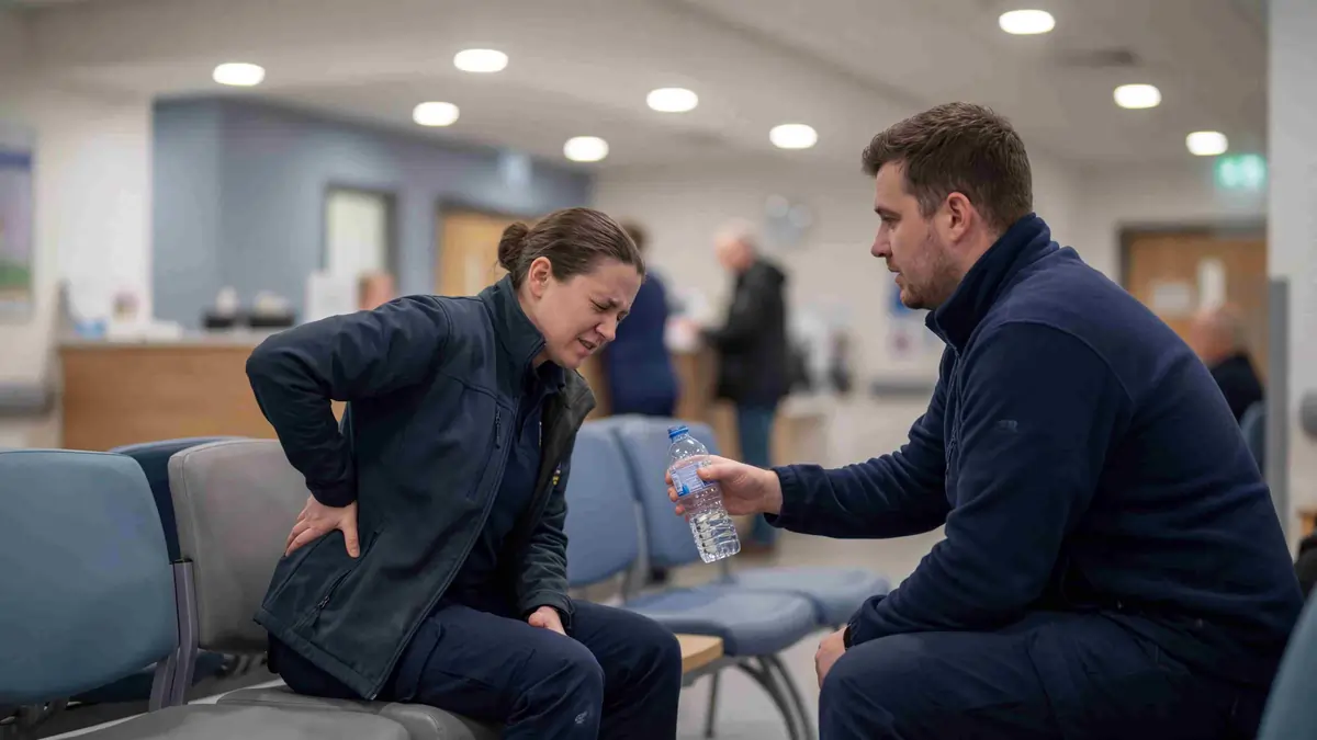Worker seated in a waiting area holding her lower back in pain while a colleague offers water