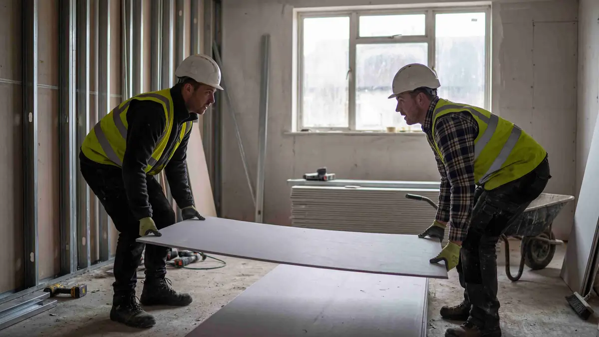 Two construction workers wearing hard hats and high-visibility vests lifting a plasterboard sheet together indoors