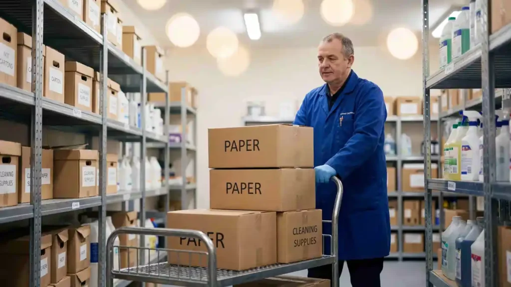 Employee wearing protective gloves moving labelled boxes on a trolley in an organised storage room
