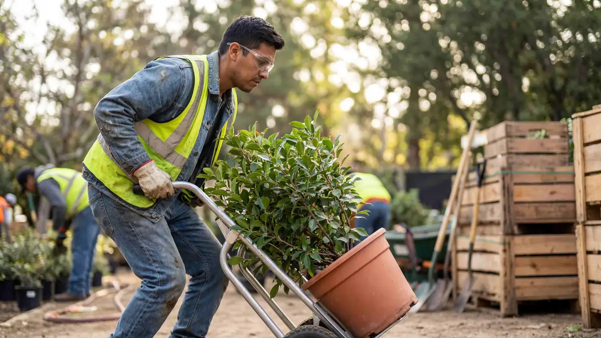 Manual Handling in Landscaping and Grounds Maintenance Grounds worker wearing high-visibility clothing using a hand trolley to move a large potted plant outdoors