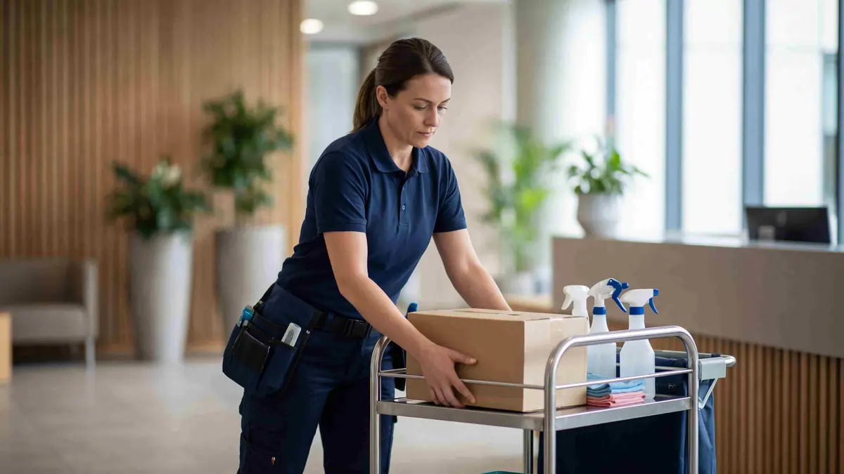 Safe Manual Handling of Supplies in a Workplace Environment Facility staff member placing a cardboard box onto a cleaning trolley in a modern office building