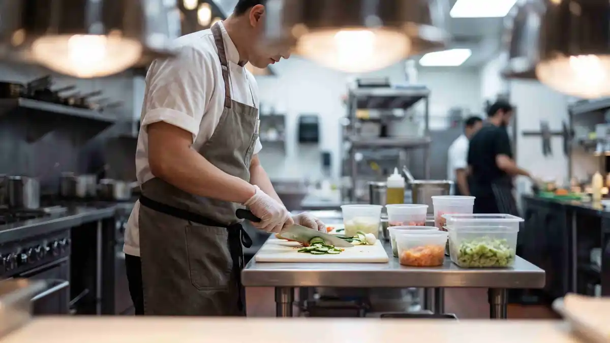 Chef wearing gloves chopping vegetables at a stainless steel prep table in a professional kitchen