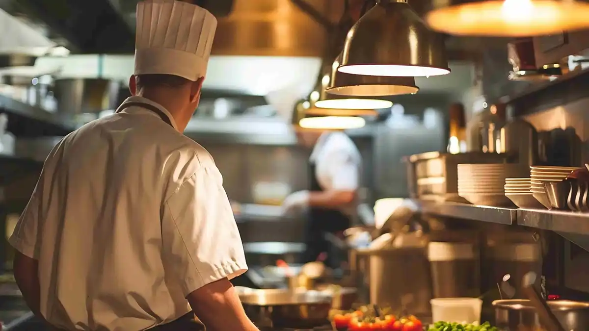 Head chef supervising food preparation in a professional restaurant kitchen
