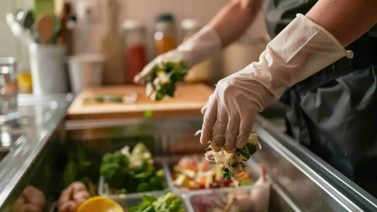 Safe Handling of Fresh Ingredients During Food Preparation Food handler wearing gloves preparing fresh vegetables at a refrigerated prep station