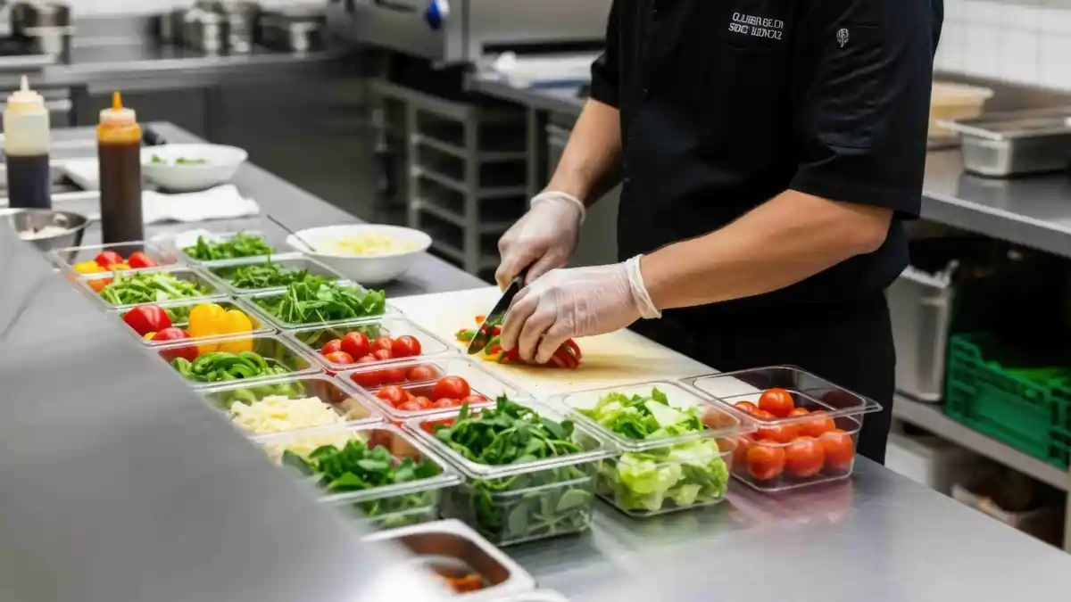 Food handler wearing orange gloves selecting fresh whole fish displayed on ice