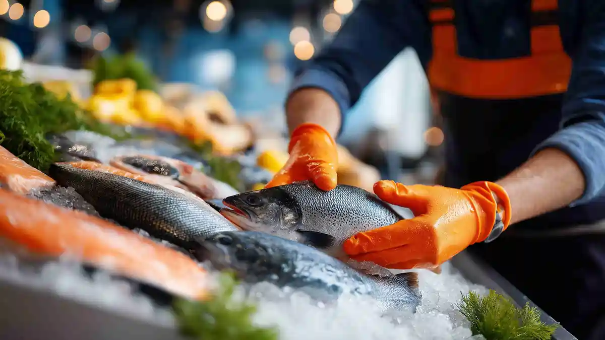 Food handler wearing protective gloves selecting fresh fish on ice in a seafood display as part of HACCP food safety procedures