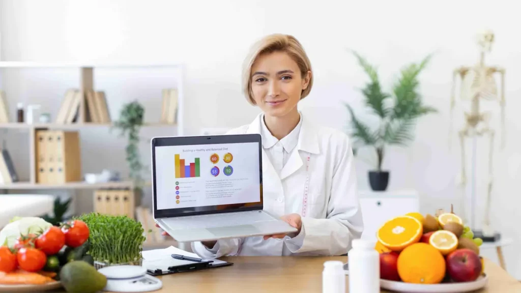 Registered nutritionist presenting healthy diet analysis and food safety guidance