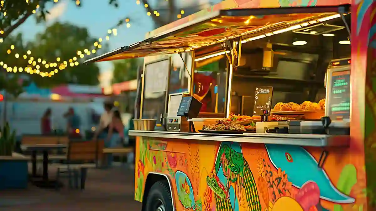 Street food truck operating under HACCP food safety controls Colourful street food truck serving hot food at an outdoor evening market with food displayed for service under hygienic conditions