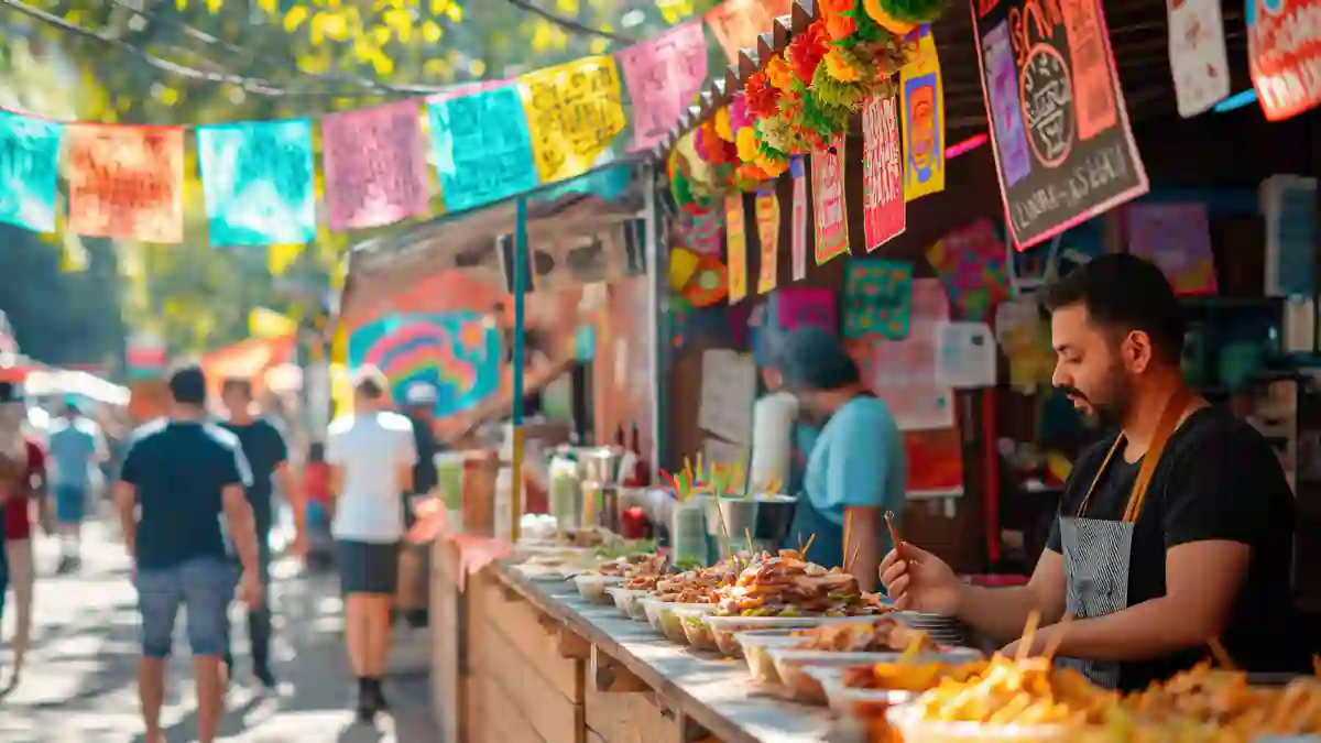 Street food market stall operating under food safety controls Street food vendor preparing ready-to-eat dishes at a busy outdoor market stall with food displayed for service