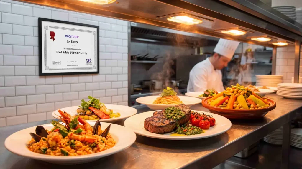 Chef preparing plated meals in a commercial kitchen with Food Safety and HACCP Level 3 certification displayed