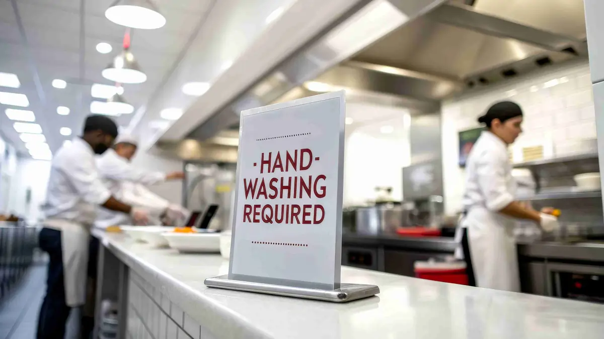 Hand-washing requirements displayed in a professional commercial kitchen Hand-washing required sign displayed in a commercial kitchen with chefs preparing food