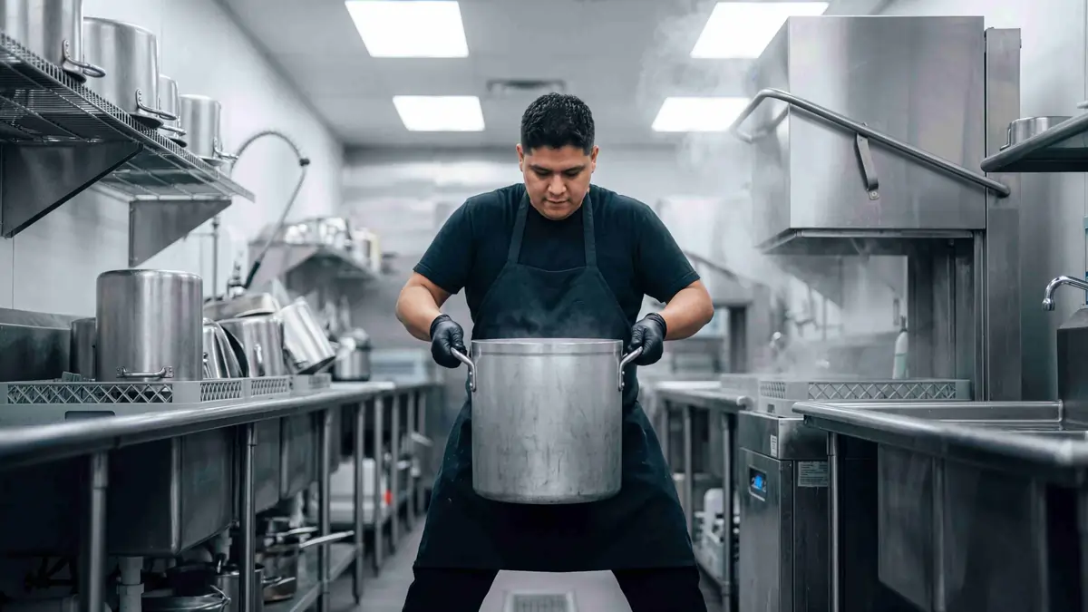 Commercial kitchen worker safely handling a hot stock pot in a professional kitchen Kitchen staff member wearing gloves lifting a large hot stock pot in a commercial kitchen