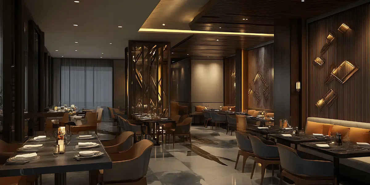 Stylish restaurant dining area with neatly set tables, clean surfaces, and spacious layout supporting hygiene and food safety standards.