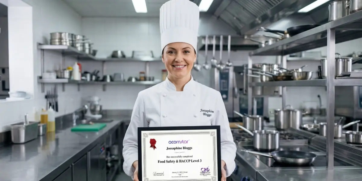 Chef holding a Food Safety and HACCP Level 3 certificate while standing in a professional commercial kitchen.