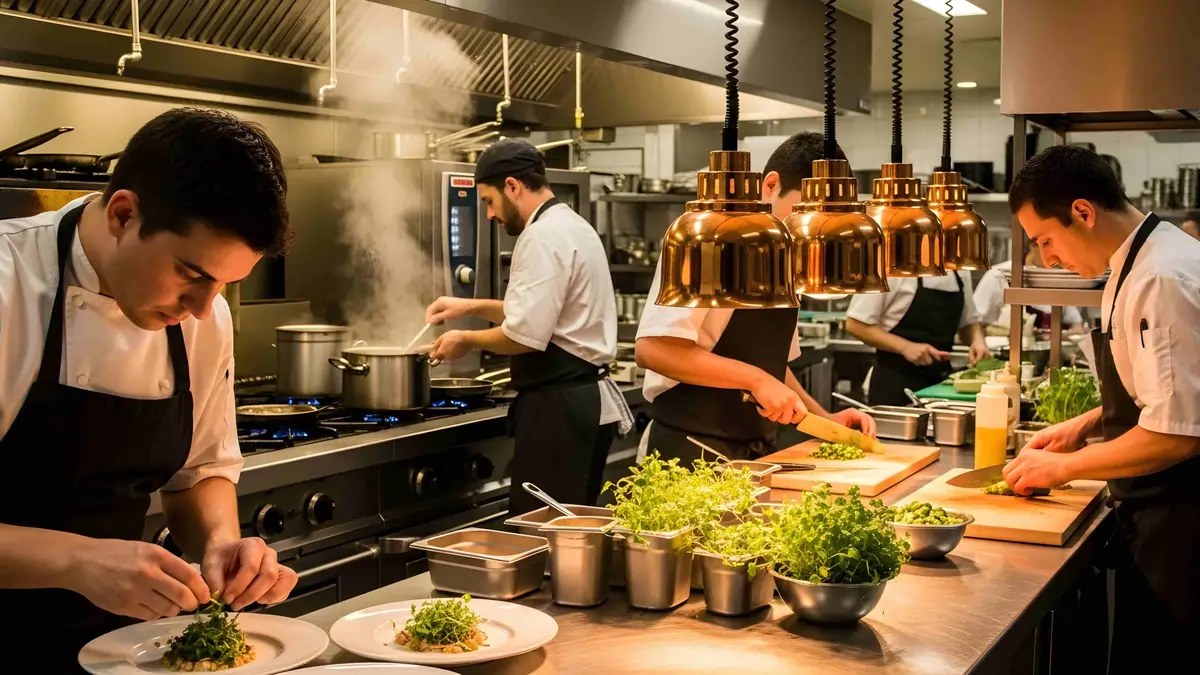 Chefs preparing food during busy service in a commercial kitchen, demonstrating supervised food safety controls under HACCP Level 3 management
