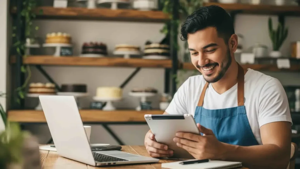 Food business owner in Ireland reviewing HACCP documentation on a tablet in a café setting