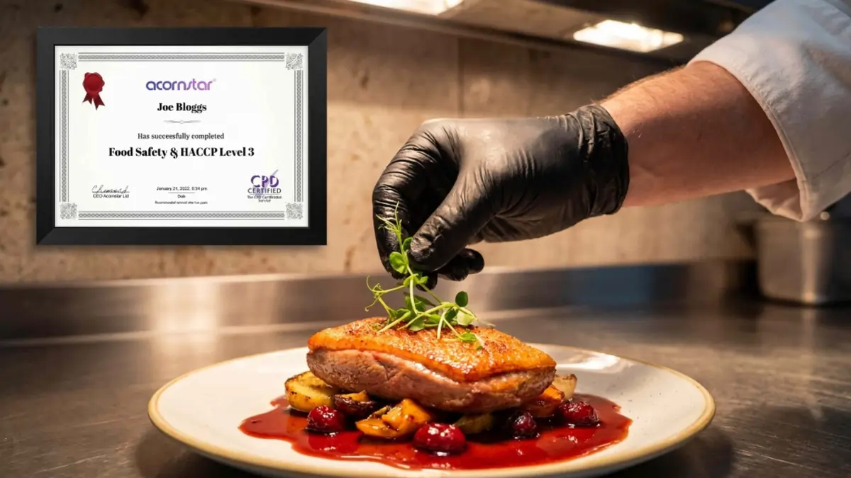 Chef plating food in a commercial kitchen with HACCP Level 3 certification displayed